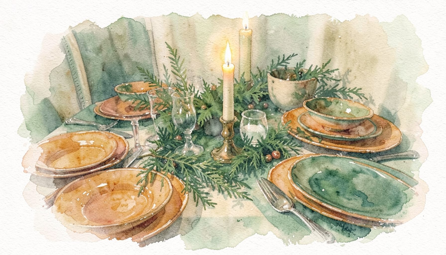 Soft watercolour painting of a holiday table setting with warm candlelight, sprigs of evergreen, and dishes in rich ochre and cream tones