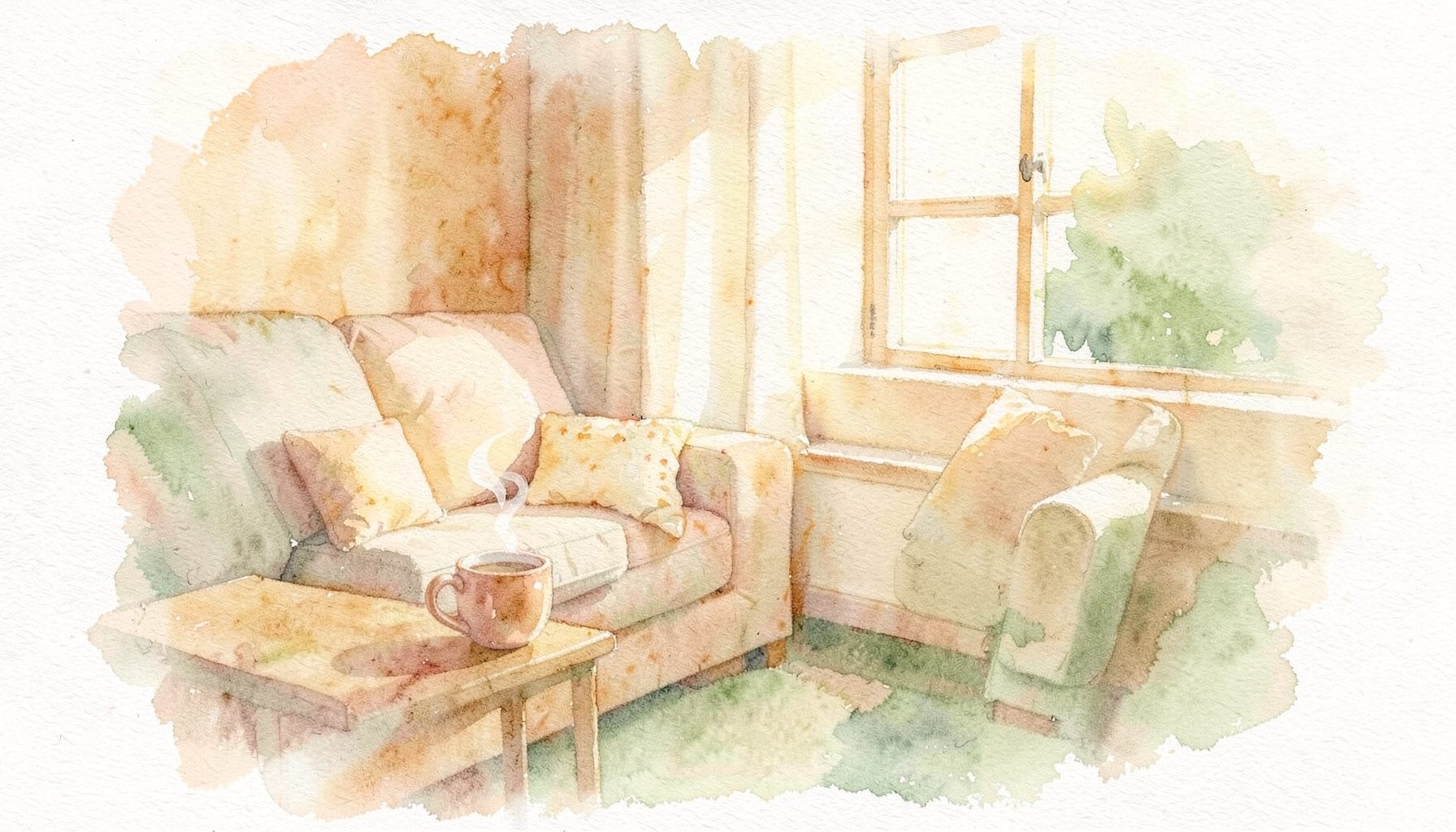 Soft watercolour painting of a warm holiday scene in cream and amber tones