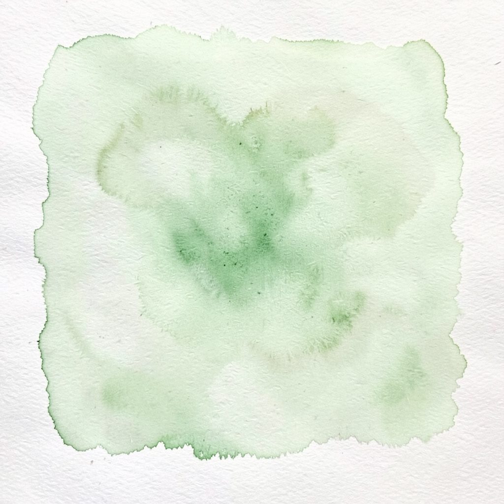 Soft watercolour abstract in pale lavender and cream suggesting a curious figurine silhouette